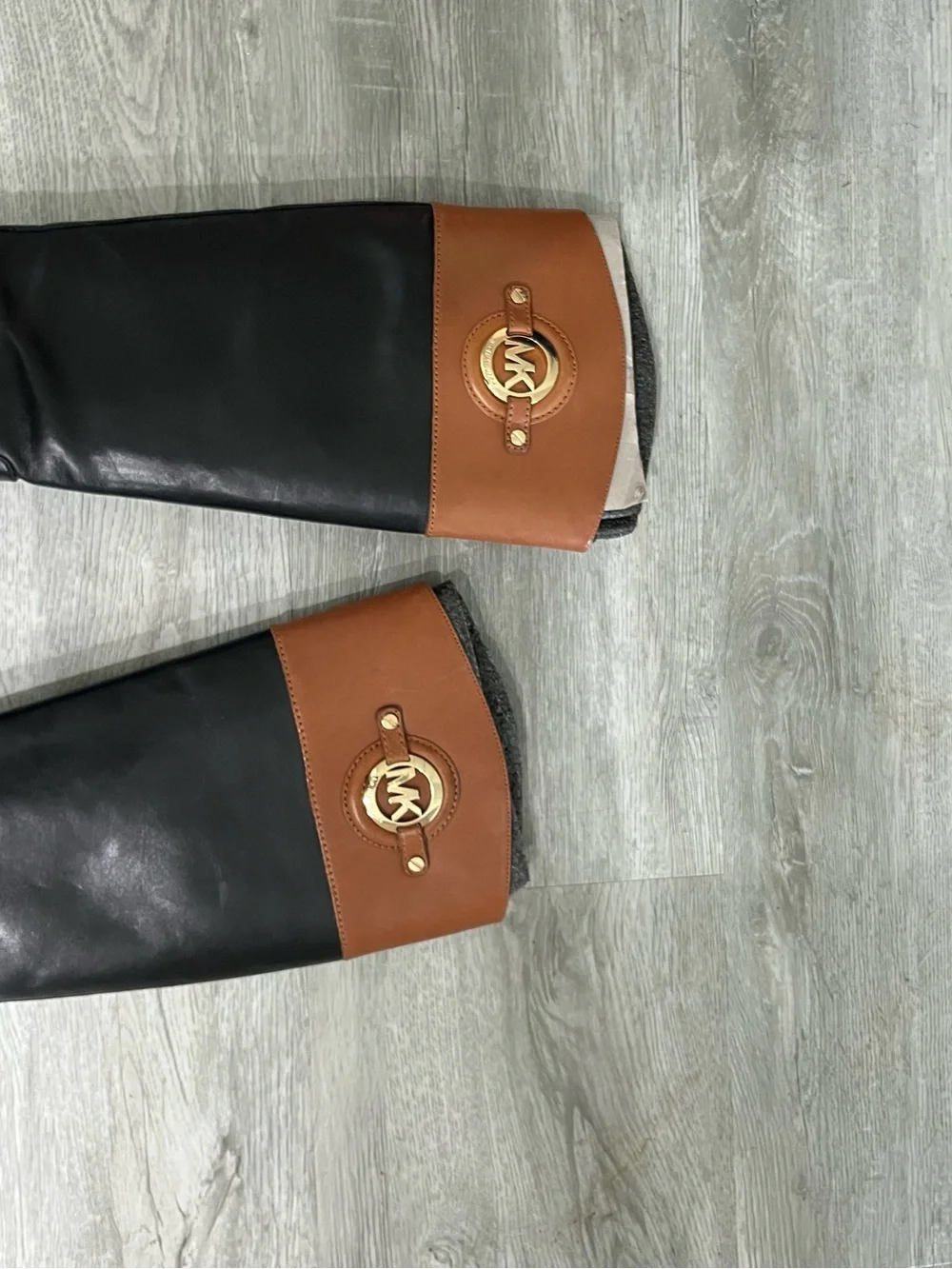 Michael Kors Black and Brown Leather Tall Riding Boots with Logo Accent